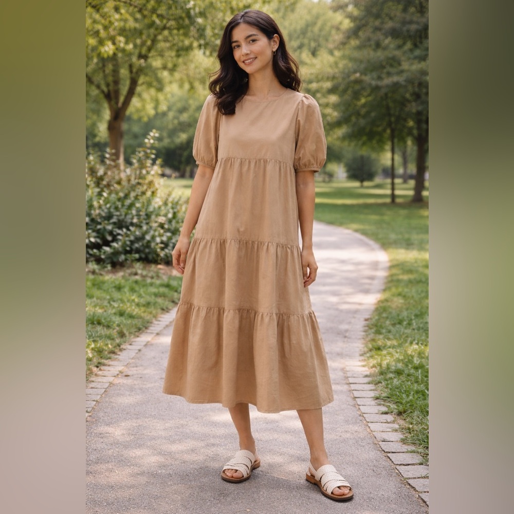 MinkPink Judy Puff Sleeve Tan Midi Dress Size Medium